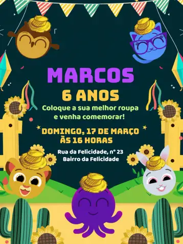 Convite Bolofofos São João Arraiá para children's birthday and june party. – tema commemorative dates (colorful, June party, vintage, playful, Northeastern, fun)