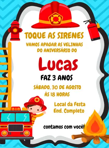 Convite Camión de Bomberos para cumpleaños infantil con temática de bomberos. – tema más buscados (vibrante, temático, aventura, divertido, colorido, infantil)