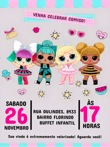 Convite Muñeca Lol Surprise Colorida para cumpleaños infantil con tema lol surprise. – tema más buscados (colorido, divertido, glitter, moderno, temático)