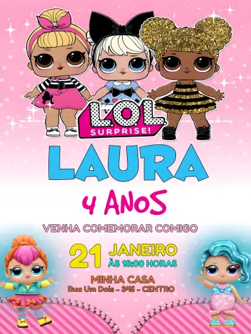 Convite Boneca Lol Surprise Glitter para aniversário infantil com tema de bonecas. – tema mais pesquisados (brilhante, colorido, divertido, infantil, temático, lúdico)