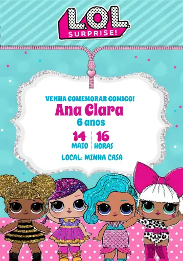Convite Pink Lol Surprise Doll para children's birthday with lol surprise dolls theme. – tema most searched for (pink, glittery, fun-filled, themed, colorful)