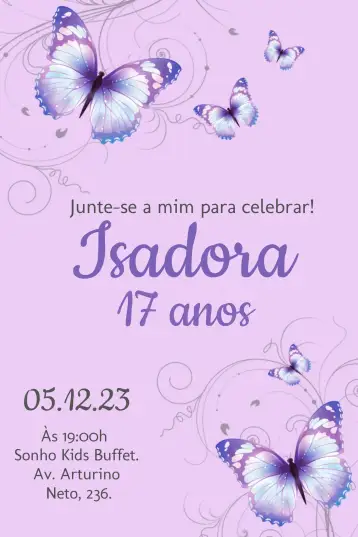 Convite Borboleta Roxo para aniversário, chá de bebê ou qualquer celebração especial. – tema mais pesquisados (floral, delicado, moderno, elegante, colorido, feminino)