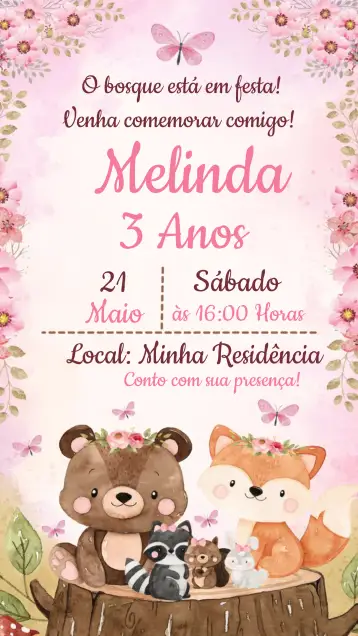 Convite Bosque Encantado Fiesta para cumpleaños infantil con tema encantado. – tema más buscados (floral, mágico, de la naturaleza, lúdico, colorido)