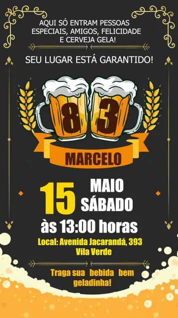 Convite Boteco Adulto para aniversário adulto com tema boteco. – tema aniversário (vintage, rustico, colorido, alegre, descontraído, moderno)