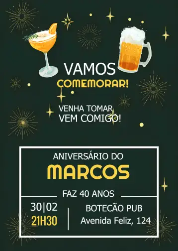 Convite Boteco Drink para birthday with pub theme and celebration among friends. – tema birthday (green, golden, modern, laid-back, pub-style)