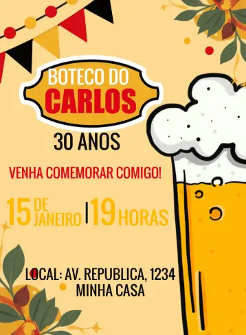 Convite Boteco Bebidas para aniversário de adultos que amam festa e diversão. – tema cumpleaños (animado, moderno, divertido, relajado, tropical, estilo taberna)