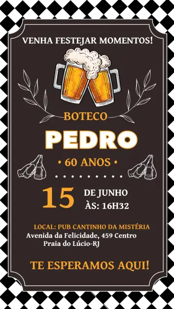 Convite Boteco Chalkboard para aniversário adulto com temática de boteco. – tema aniversário (chalkboard, boteco, moderno, descontraído, cerveja, estilo lousa)