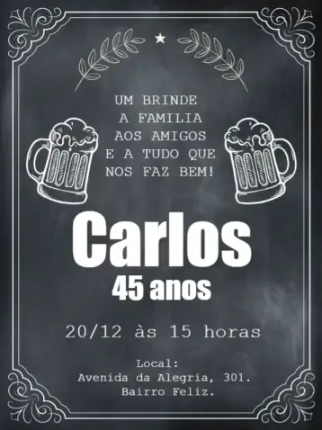 Convite Boteco Chalkboard Drink para adult birthday with bar theme. – tema birthday (chalkboard theme, pub style, graphic elements of drinks, subdued colors, rustic design)