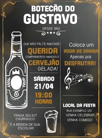 Convite Boteco Chalkboard para cumpleaños al estilo boteco. – tema más buscados (pizarra, bar, informal, retro, colorido, moderno)