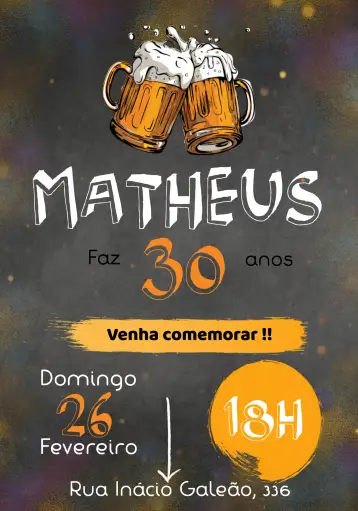 Convite Boteco Preto para festas de aniversário e encontros informais com amigos. – tema mais pesquisados (moderno, descontraído, estilo boteco, cores sóbrias, vibrante, elegante)