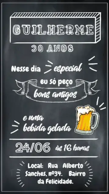 Convite Boteco Quadro Negro Preto editável e personalizável