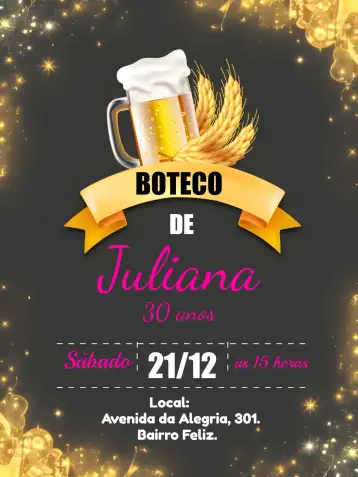 Convite Boteco Rosa Chopp para birthday with a pub theme and celebration among friends. – tema birthday (vibrant pink, pub style, barbecue, beer-themed graphic elements, cheerful design, casual style)
