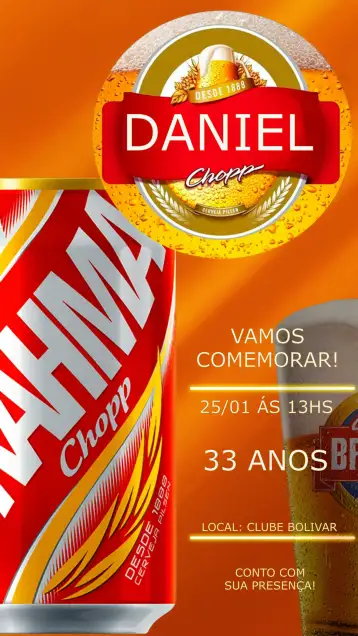 Convite Brahma Beer Adult para adult birthday with pub and beer theme. – tema birthday (red, pub, casual, modern, vintage)