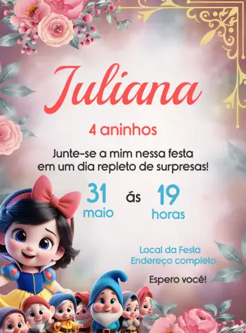 Convite Branca De Neve Baby para aniversário infantil – tema mais pesquisados (cores suaves, ilustrações lúdicas, elementos da floresta, estilo conto de fadas, design colorido, tema mágico)