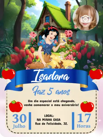 Convite Branca De Neve Com Foto Menina para aniversário infantil com tema da branca de neve. – tema mais pesquisados (Disney, colorido, infantil, fantasia, vibrante)