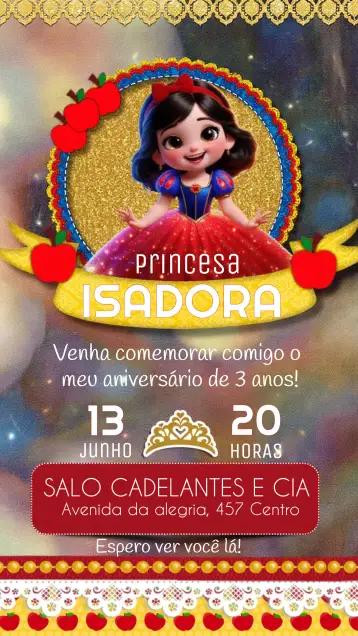 Convite Branca De Neve E Os Sete Anões Glitter editável e personalizável