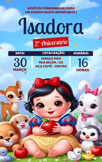 Convite Branca De Neve E Os Sete Anões Maçã editável e personalizável