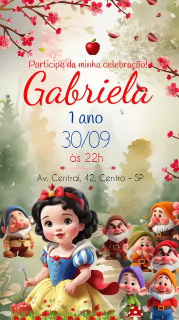 Convite Branca De Neve Festa para aniversário infantil com tema branca de neve. – tema mais pesquisados (colorido, fantasia, princesa, mágico, infantil, divertido)