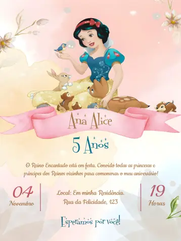 Convite Branca De Neve Menina editável e personalizável