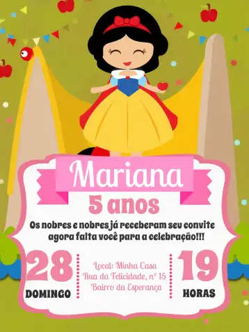Convite Branca De Neve Princesa editável e personalizável