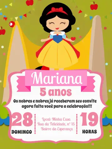 Convite Branca De Neve Princesa para chá de panela com tema de princesa. – tema chá de panela (princesa, lúdico, colorido, fantasia, romântico, infantil)
