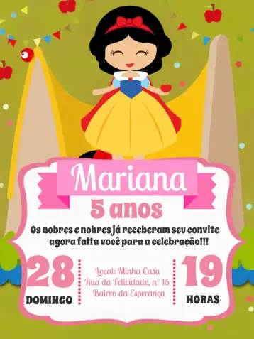 Convite Branca De Neve Princesa para chá de panela com tema de princesa. – tema chá de panela (princesa, lúdico, colorido, fantasia, romântico, infantil)