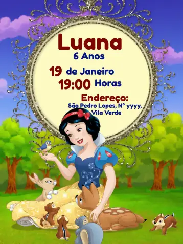 Convite Branca De Neve Vermelho... para ideal para chá de panela encantador e divertido. – tema chá de panela (vermelho vibrante, azul claro, ilustrações lúdicas, elementos da floresta, estilo conto de fadas, design moderno)