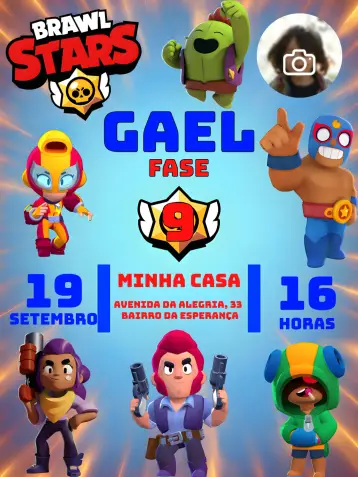 Convite Braw Stars Com Foto Colorido editável e personalizável