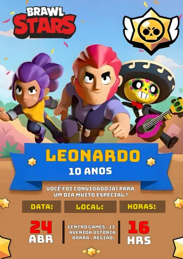 Convite Brawl Star Gamer Stars editável e personalizável