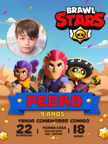 Convite Brawl Stars With Gamer Photo para children's birthday with a gaming theme. – tema most searched for (modern, colorful, fun, games, gamer, themed)