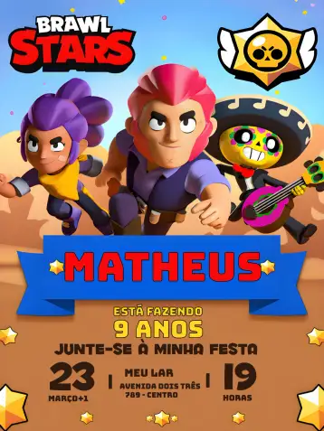 Convite Brawl Stars Foto para cumpleaños infantil con tema brawl stars. – tema más buscados (colorido, divertido, moderno, juegos, temático, aventura)