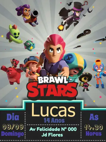 Convite Brawl Stars Laranja para aniversário infantil com tema brawl stars. – tema mais pesquisados (colorido, divertido, jogos, infantil, temático)
