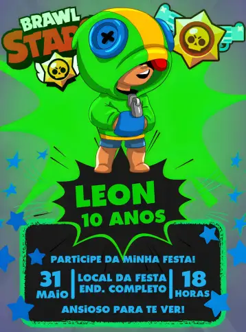 Convite Brawl Stars Blue Leon para children's birthday – tema most searched for (modern, gamer, colorful, fun, themed, childish)