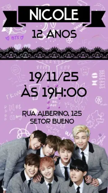 Convite BTS para aniversário de fãs do bts e festas temáticas. – tema aniversário (colorido, moderno, divertido, jovem, inspirado no K-pop, vibrante)