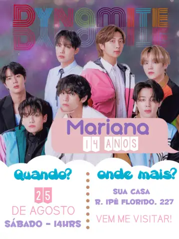 Convite Bts Yourself para aniversário infantil com tema k-pop. – tema cumpleaños infantil (moderno, colorido, temático, divertido, jovial)