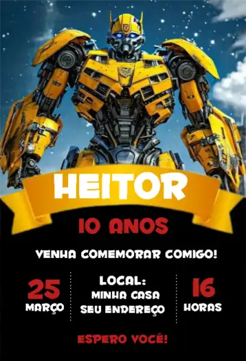 Convite Bumblebee 1 para aniversário infantil. – tema aniversário infantil (temática Transformers, cores vibrantes, estilo divertido, elementos gráficos de robôs, design moderno)