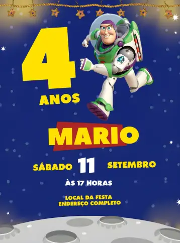 Convite Buzz Lightyear Toy Story Estrelar para aniversário infantil com tema toy story. – tema mais pesquisados (colorido, temático, infantil, divertido, intergaláctico, brinquedos)