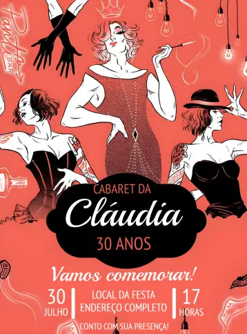 Convite Cabaret Adulto para cumpleaños adulto con temática cabaret. – tema cumpleaños (glamour, vintage, elegante, noir, divertido, chic)