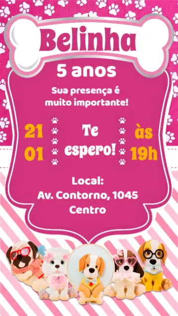 Convite Cachorra Pet para aniversário de cachorrinha – tema aniversário (colorido, divertido, temático de pets, ilustrações de cachorros, brincalhão, moderno)