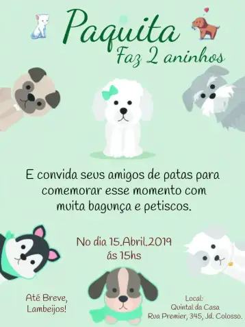 Convite Cachorro Pet para aniversário de cães e festas temáticas para pets. – tema mais pesquisados (verde claro, branco, ilustrações de cachorro, estilo divertido, gráficos animados, design alegre)