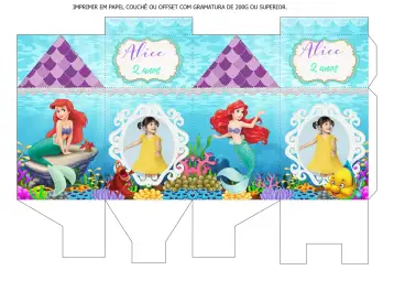Convite Caixa Milk A Pequena Sirena Ariel Con Foto Personajes para cumpleaños infantil con temática de la pequeña sirena. – tema más buscados (azul marino, colorido, de fantasía, infantil, vibrante)