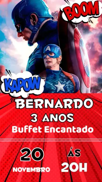 Convite Capitão América para aniversário infantil com tema de super-heróis. – tema aniversário infantil (azul e vermelho, super-heróis, moderno, temática infantil, divertido, dinâmico)