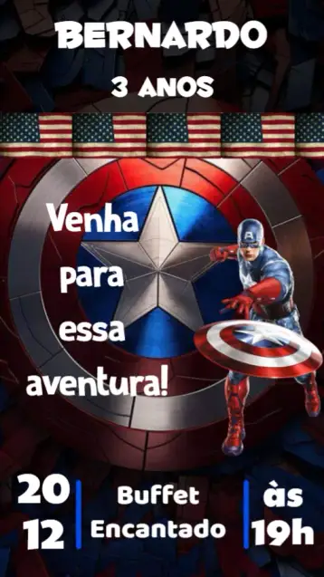 Convite Capitão América para aniversário infantil com tema de super-heróis. – tema aniversário (super-herói, aventura, colorido, moderno, dinâmico)