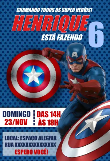 Convite Capitão América Azul editável e personalizável