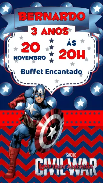 Convite Capitão América para aniversário infantil com tema de super-heróis. – tema aniversário infantil (azul, vermelho, estilo quadrinhos, super-heróis, moderno)
