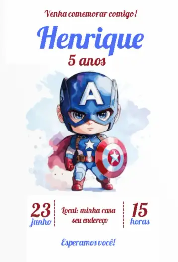 Convite Capitão América Baby Aquarela para aniversário infantil com tema de super-heróis. – tema cartão (aquarela, colorido, divertido, infantil, temático, super-heróis)