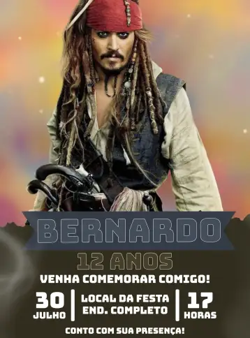 Convite Captain Jack Sparrow Treasure para pirate-themed birthday inspiration. – tema birthday (pirate, Caribbean, adventure, vintage, colorful)