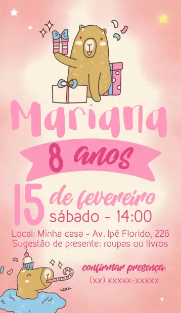 Convite Capivara Animais para aniversário infantil. – tema aniversário infantil (rosa, animal, divertido, lúdico, infantil, natureza)