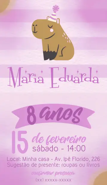 Convite Purple Capybara para kids birthday – tema kids' birthday party (purple, lilac, cute animals, childish, colorful, fun)