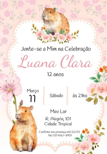 Convite Capivara Rosa para children's birthday – tema kids' birthday party (floral, colorful, fun, childlike, cheerful)